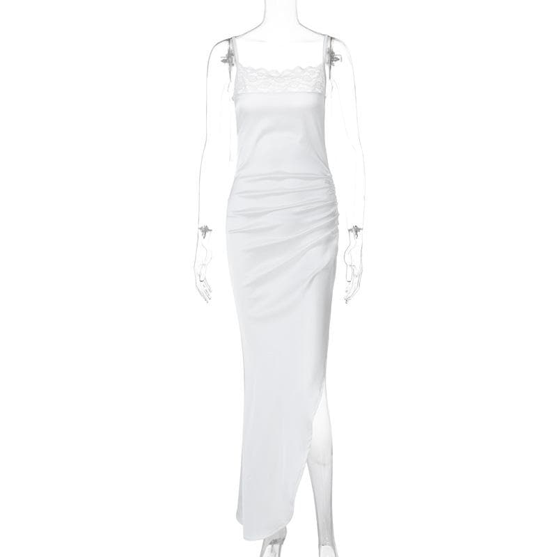 Glamorous White Satin & Lace Ruched Maxi Dress - Elegant Slit for Holiday Parties & Events