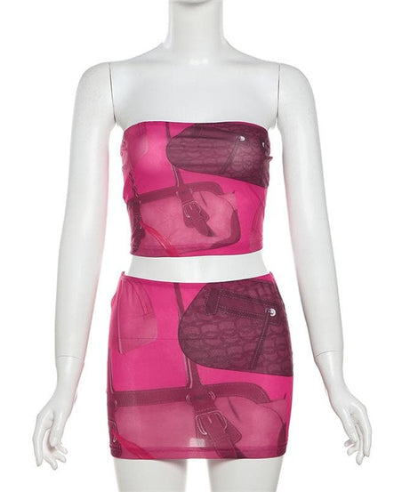 Head-Turning Hot Pink Handbag Print Two-Piece Set | Y2K Tube Top & Mini Skirt