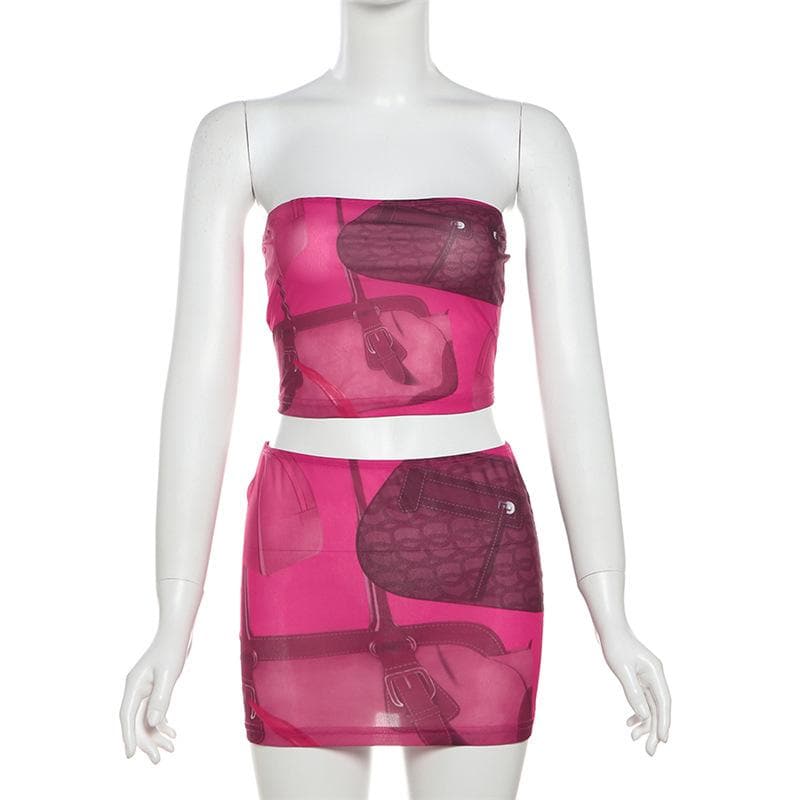 Head-Turning Hot Pink Handbag Print Two-Piece Set | Y2K Tube Top & Mini Skirt