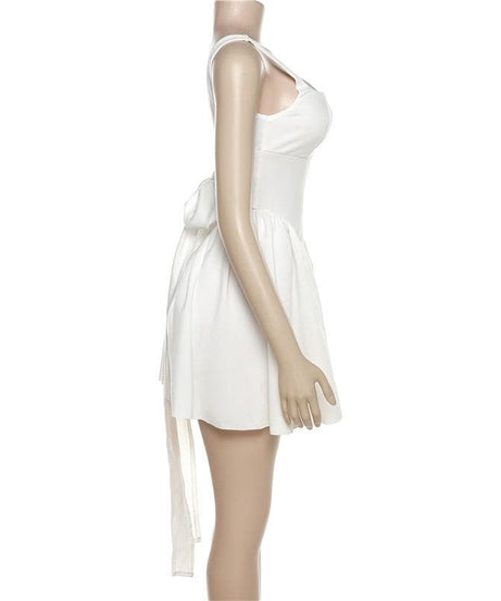 Chic White Square Neck Mini Dress - Ruched Side Tie & Backless Detail - Fall Party Ready