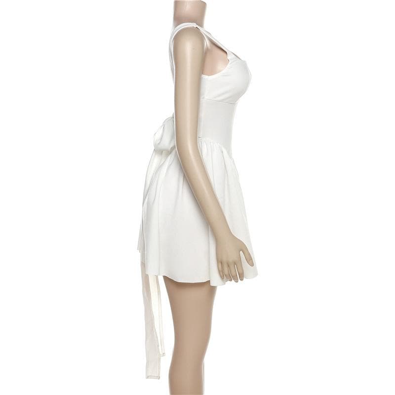 Chic White Square Neck Mini Dress - Ruched Side Tie & Backless Detail - Fall Party Ready