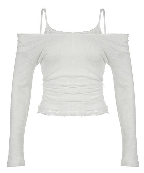 Effortless Fall Chic: Layered Off-Shoulder Ruched Top with Delicate Lace Trim