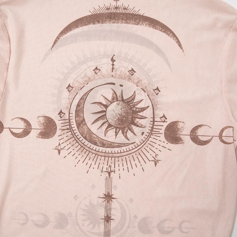 Cosmic Aura Sheer Mesh Mock Neck Top - Celestial Sun & Moon Fall Fashion