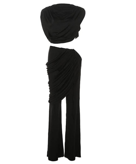 Chic Black Draped & Ruched Two-Piece Set | Your Fall & Holiday Event Essential