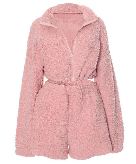 Cozy Chic Pink Sherpa Loungewear Set: Cropped Zip-Up Top & Comfy Shorts for Fall