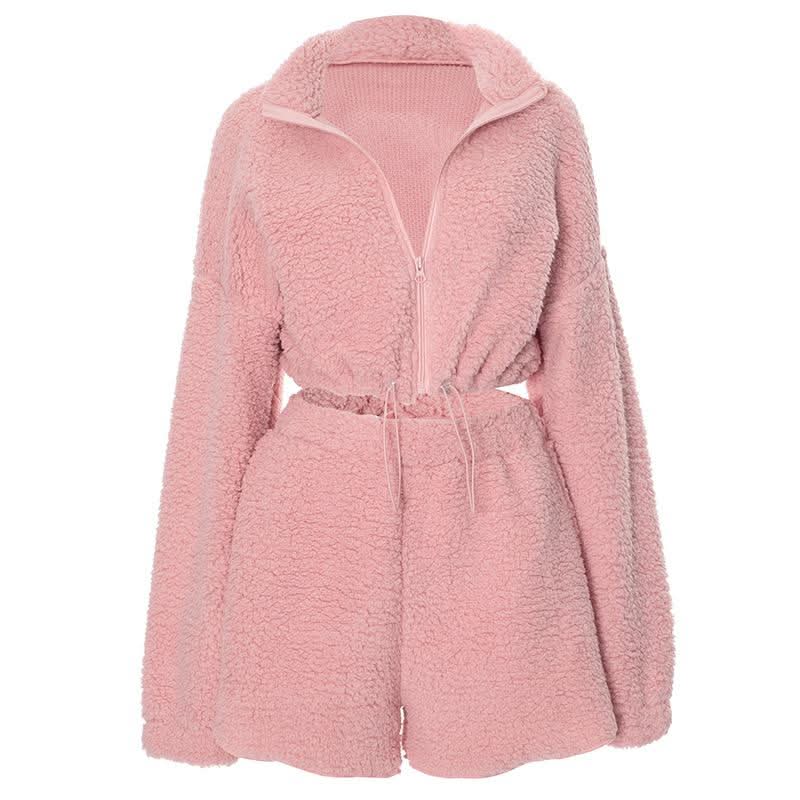 Cozy Chic Pink Sherpa Loungewear Set: Cropped Zip-Up Top & Comfy Shorts for Fall