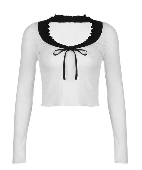 Fall Chic: Sweetheart Ruffle Tie-Front Ribbed Knit Long Sleeve Top