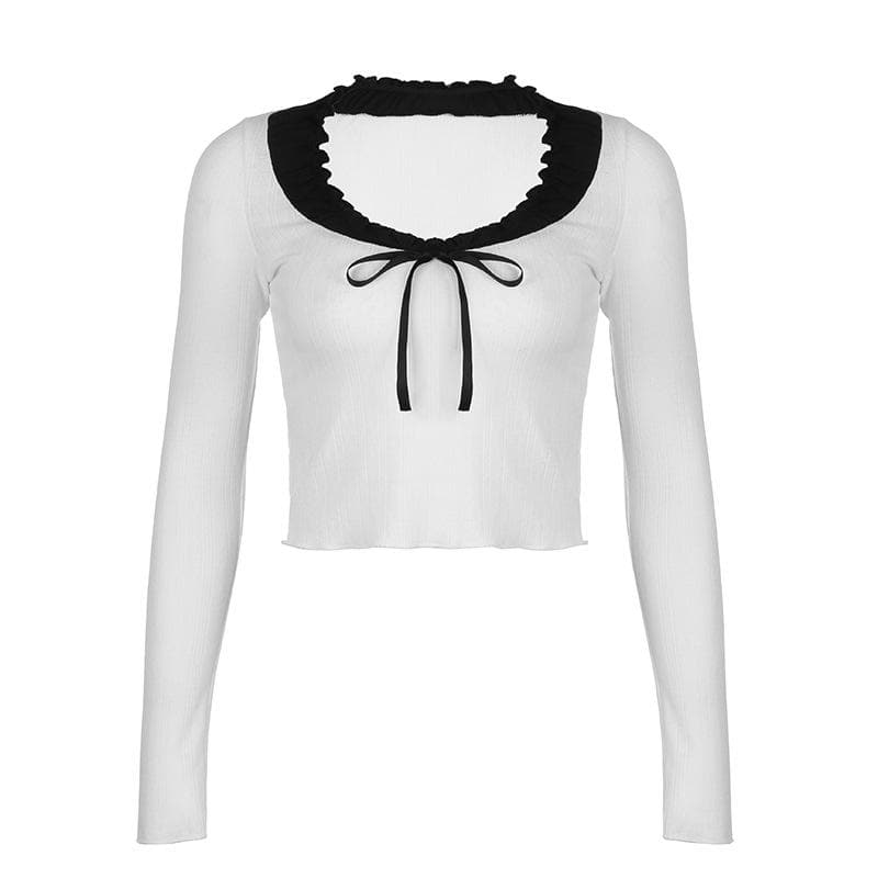Fall Chic: Sweetheart Ruffle Tie-Front Ribbed Knit Long Sleeve Top