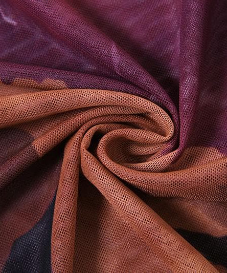 Autumn Glow Ruched Mesh Midi Dress - Asymmetrical Hem & Abstract Fall Print