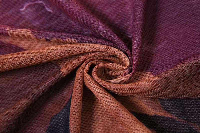 Autumn Glow Ruched Mesh Midi Dress - Asymmetrical Hem & Abstract Fall Print