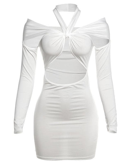Sultry White Twisted Halter Cut-Out Mini Dress | Long Sleeve Bodycon for Fall & Party Nights
