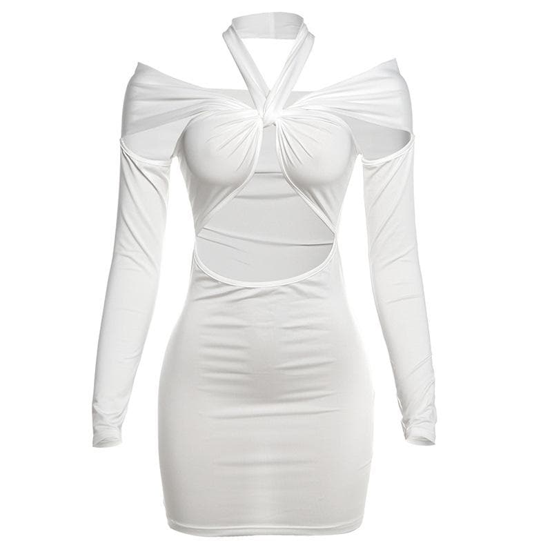Sultry White Twisted Halter Cut-Out Mini Dress | Long Sleeve Bodycon for Fall & Party Nights