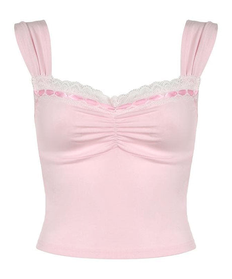 Blushing Pink Coquette Lace Cami Top | Ruched Sweetheart & Fall Layering Essential