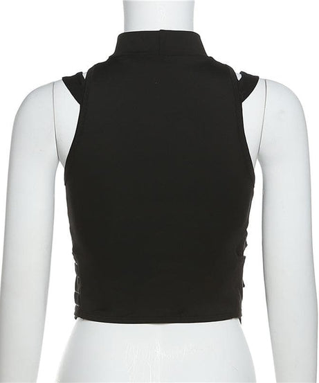Edgy Mesh Utility Corset Top - High Neck Zip-Up Tactical Streetwear for Fall