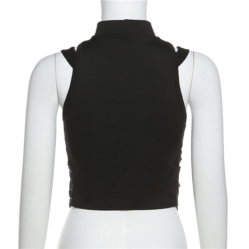 Edgy Mesh Utility Corset Top - High Neck Zip-Up Tactical Streetwear for Fall