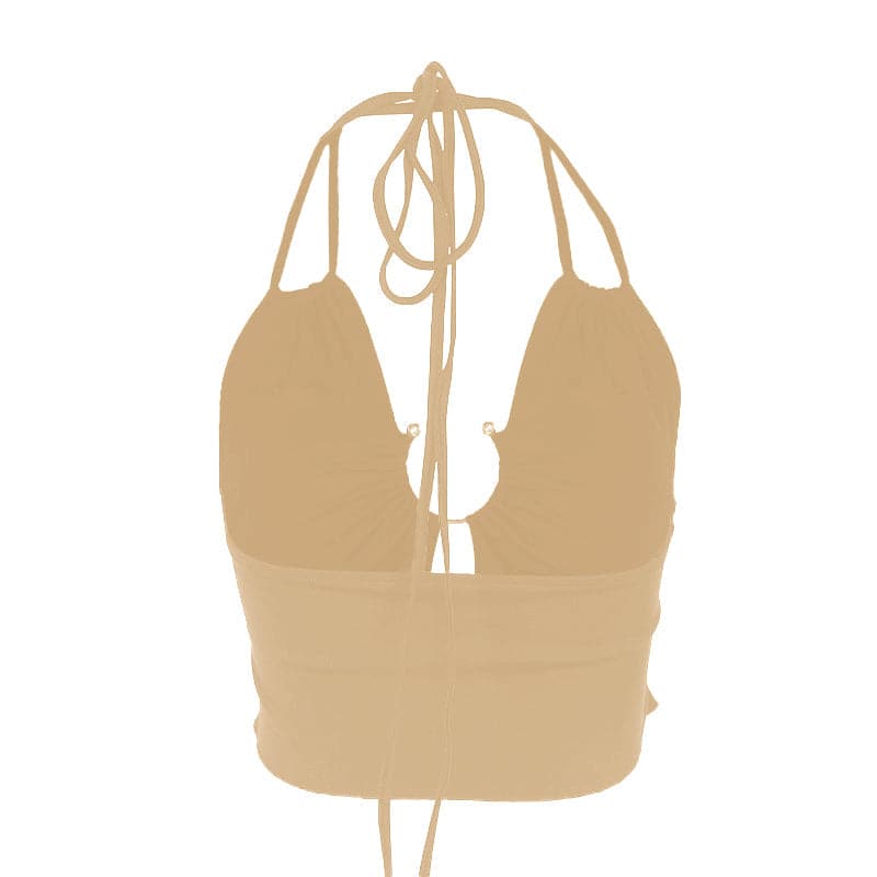 Sassy O-Ring Halter Crop Top - Chic Black Ruched Self-Tie for Fall Parties & Nights Out