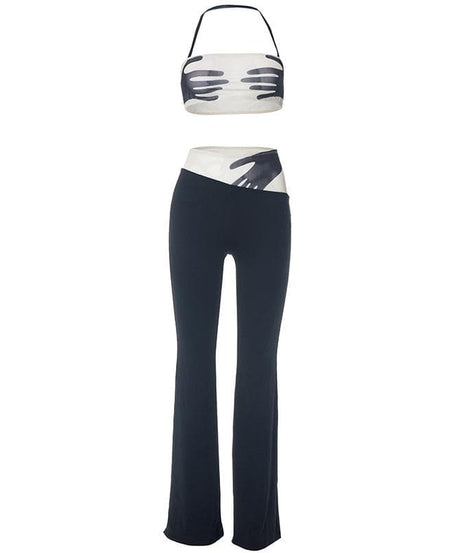 Spooky Chic Statement: Y2K 'Hands On Me' Halter Crop Top & Flare Pant Set - Fall Festival Ready!