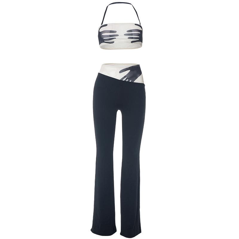 Spooky Chic Statement: Y2K 'Hands On Me' Halter Crop Top & Flare Pant Set - Fall Festival Ready!