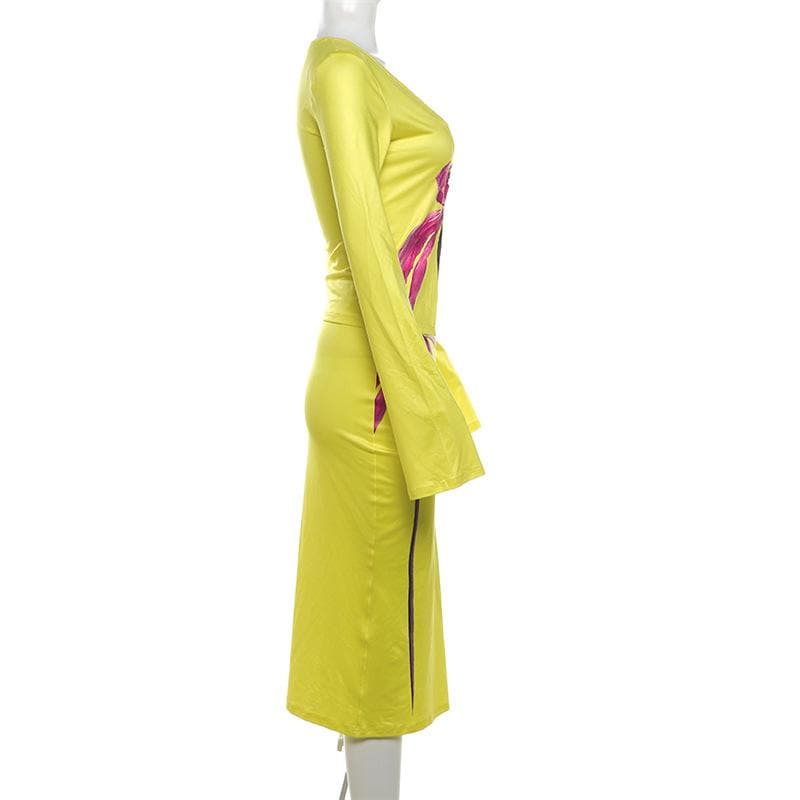 Lime Green Glow-Up: O-Ring Long Sleeve Midi Skirt Set – Your Fall & Holiday Statement Piece