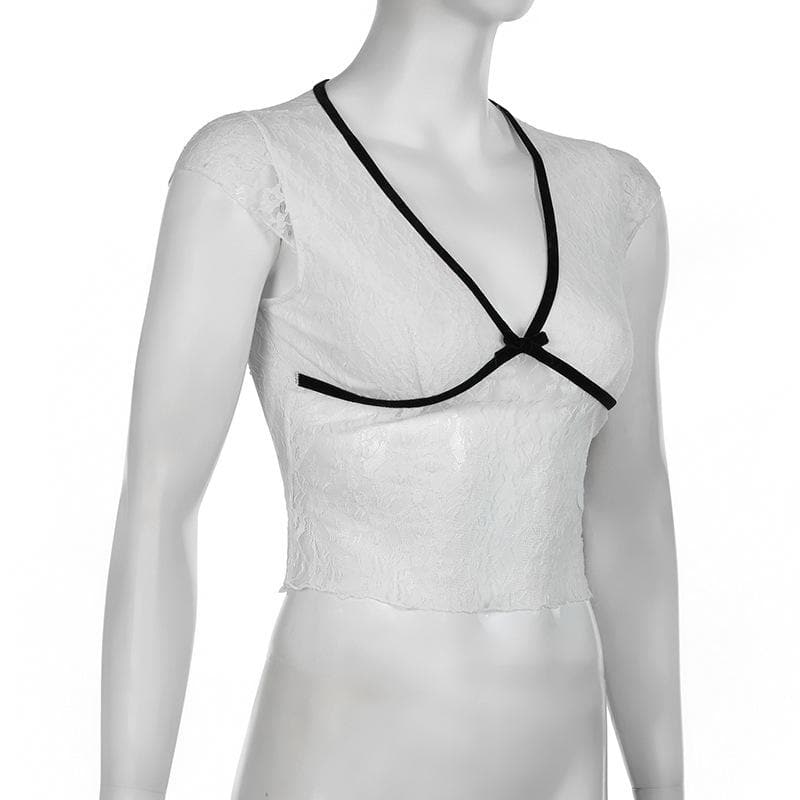 Autumn Allure Sheer Lace Crop Top | Romantic V-Neck, Bow & Contrast Trim | Trendy Fall Going Out Piece