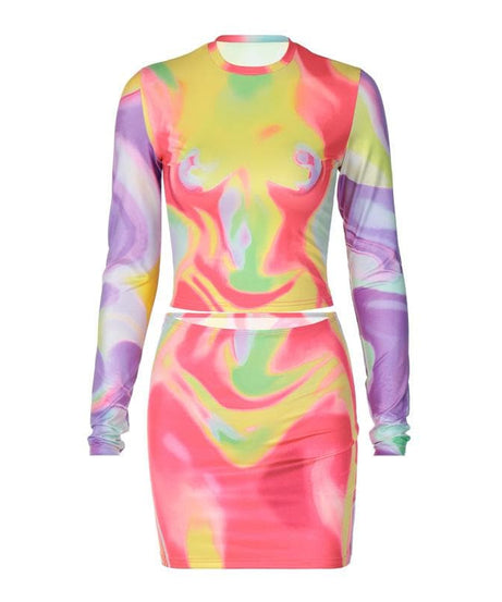 Vibrant Swirl Print Long Sleeve Crop Top & Mini Skirt Set - Y2K Fall Party & Night Out Style