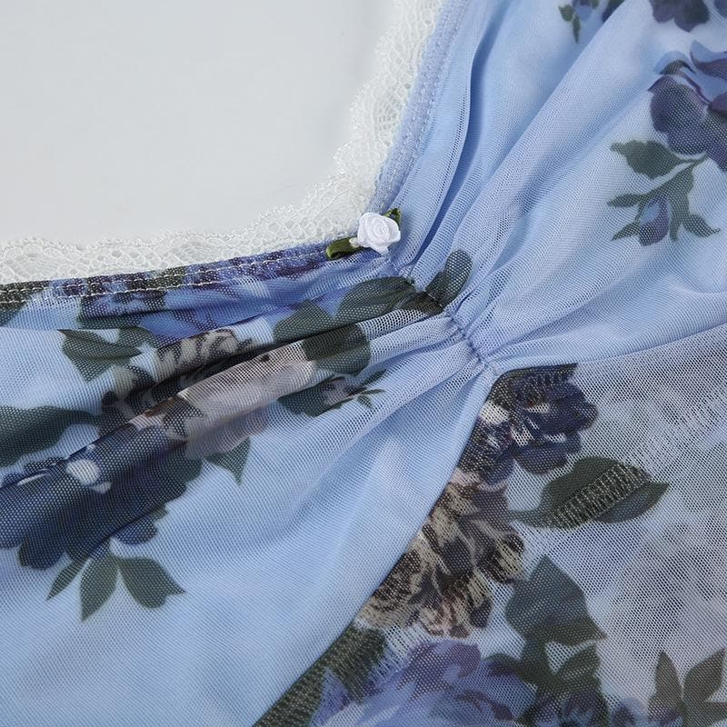 Autumn Bloom Floral Mesh & Gingham Sweetheart Top - Y2K Layering Cami