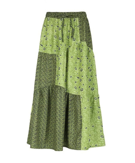 Boho Chic Patchwork Maxi Skirt - Effortless Green Style for Fall