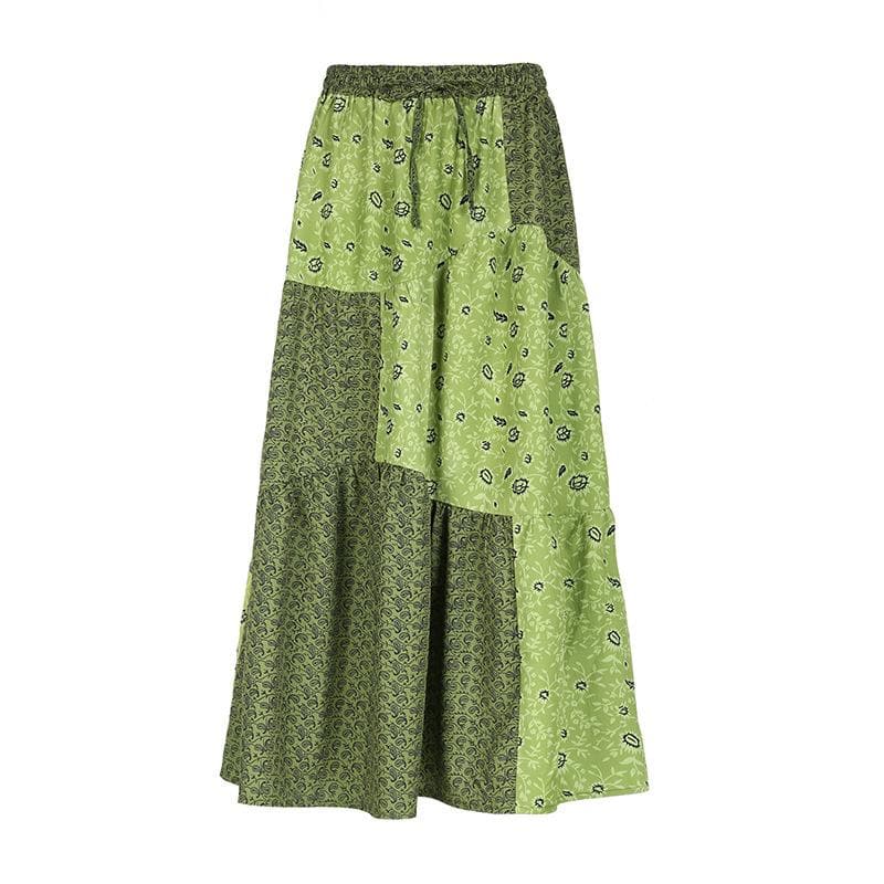 Boho Chic Patchwork Maxi Skirt - Effortless Green Style for Fall