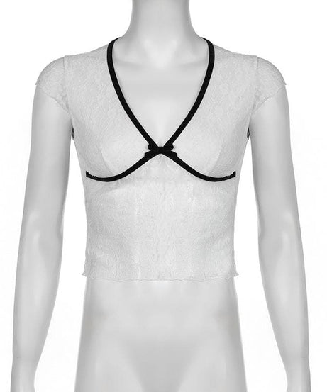 Autumn Allure Sheer Lace Crop Top | Romantic V-Neck, Bow & Contrast Trim | Trendy Fall Going Out Piece