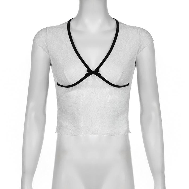Autumn Allure Sheer Lace Crop Top | Romantic V-Neck, Bow & Contrast Trim | Trendy Fall Going Out Piece