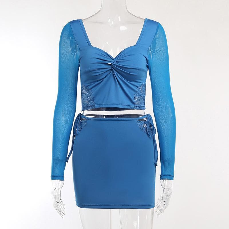 Royal Blue Obsession: Mesh & Lace Cutout Mini Skirt Set - Fall Night Out