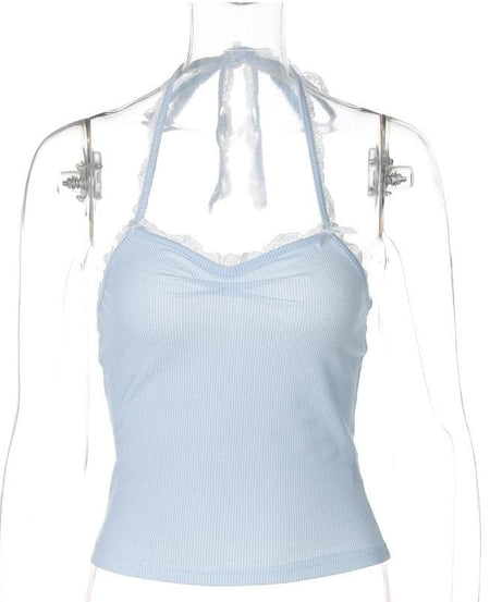 Sky Blue Ribbed Halter Top | Sweet Lace Trim & Adjustable Tie-Neck for Women