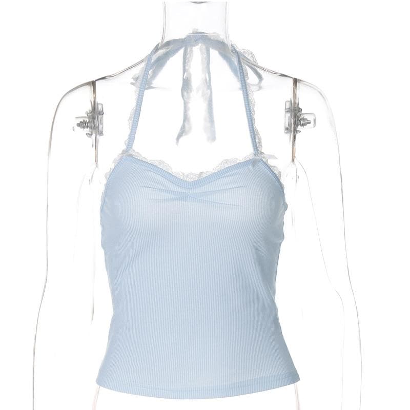 Sky Blue Ribbed Halter Top | Sweet Lace Trim & Adjustable Tie-Neck for Women