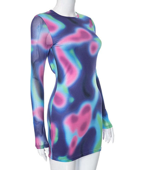 Electric Aura Mesh Long Sleeve Mini Dress - Trendy Fall Party Bodycon