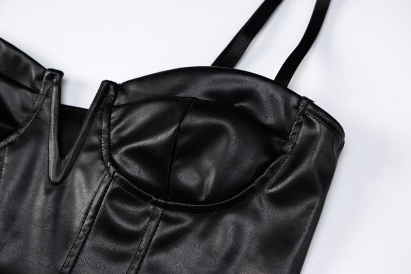 Slay the Night: Faux Leather Corset & Slit Mini Skirt Set with Sheer Mesh Gloves – Halloween & Fall Party Ready