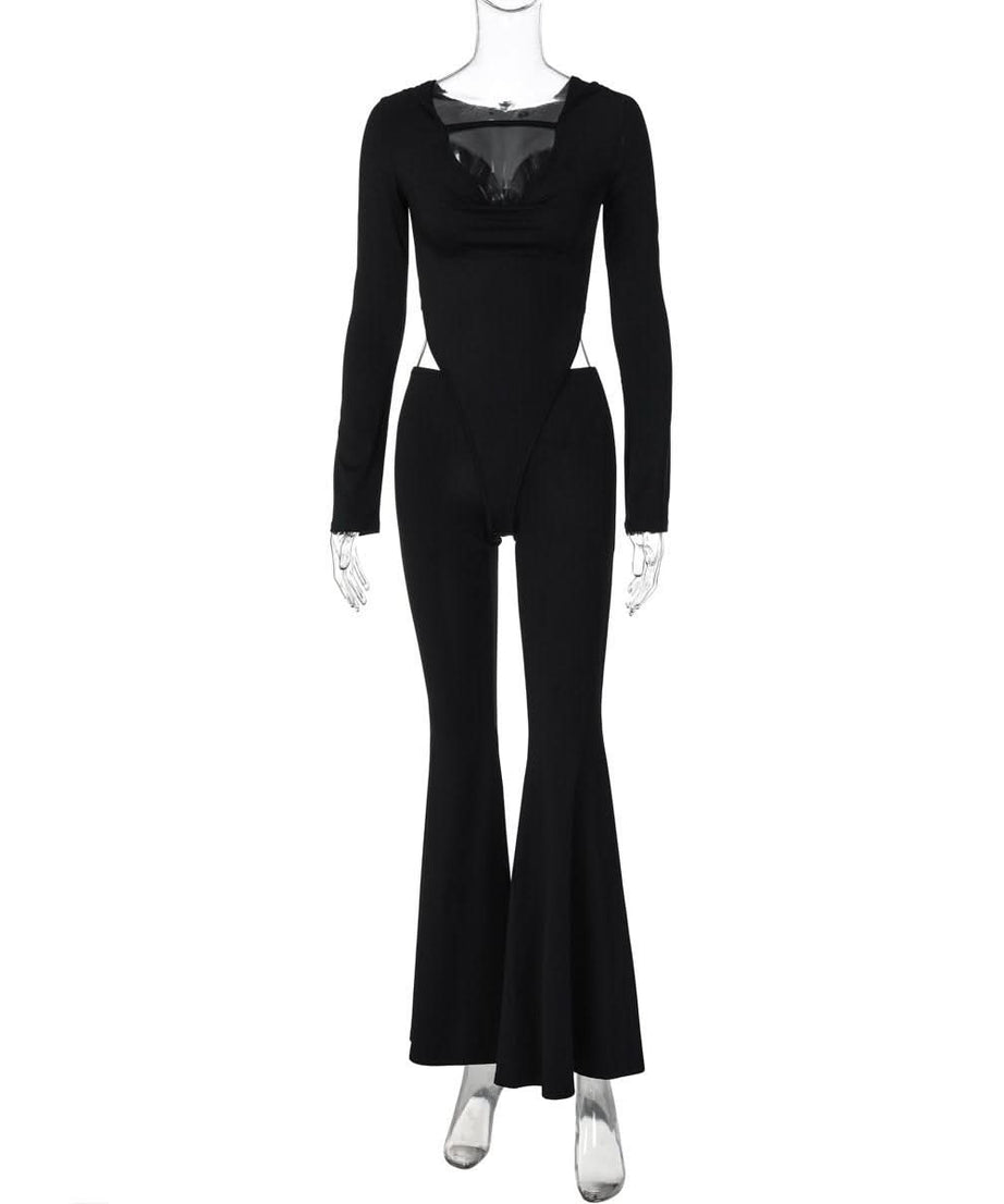 The "Midnight Glam" Cutout Cowl Neck Flared Jumpsuit - Fall & Holiday Party Ready