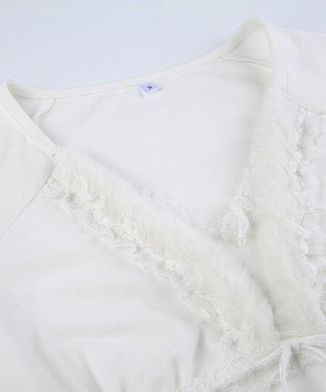 Y2K Chic! Women's Romantic Lace Tie-Front V-Neck Long Sleeve Top - Fall Essential