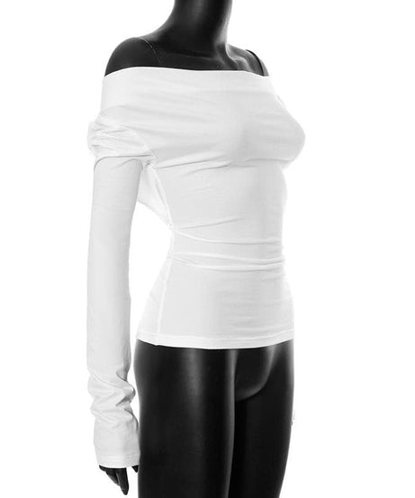 Chic & Cozy White Off-Shoulder Ruched Long Sleeve Top – Your Essential Fall Style