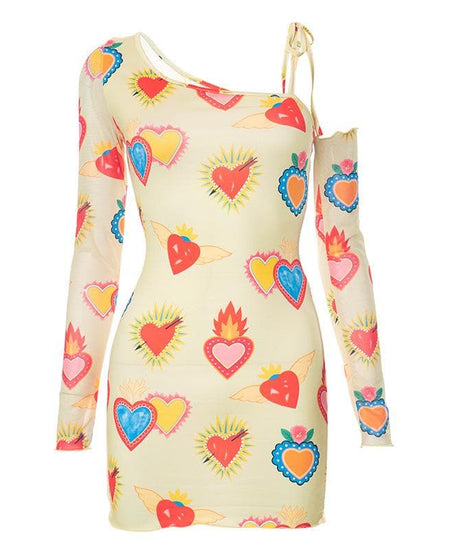 Vibrant Sacred Heart Mesh Mini Dress - Asymmetrical Long Sleeve | Fall Statement