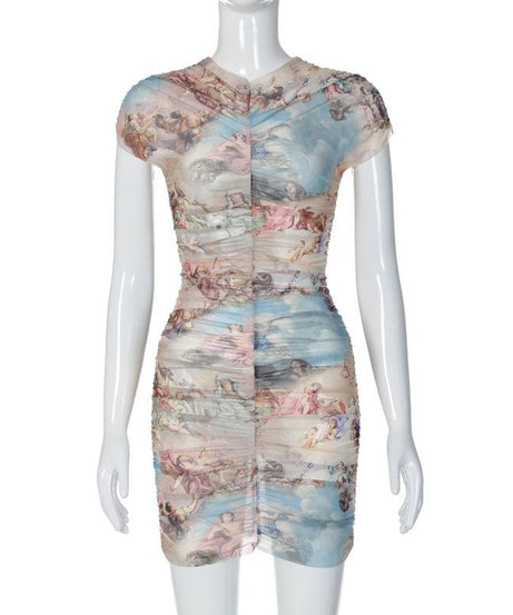Divine Renaissance Angelic Ruched Mesh Mini Dress - Fall Party & Holiday Ready