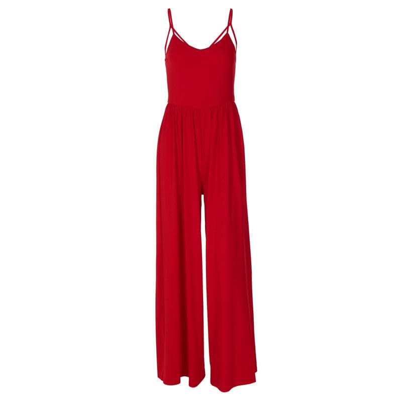 Chic Red Ruched Cross-Back Cami Jumpsuit - Effortless Wide Leg Style for Fall & Holiday