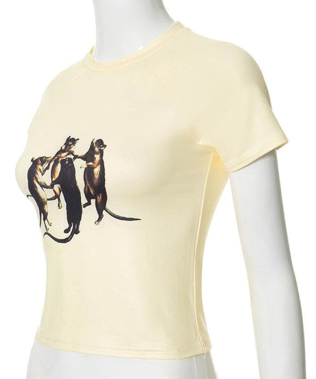 Whimsical Dancing Rats Graphic Crop Top - Unique Fall Fashion for Her