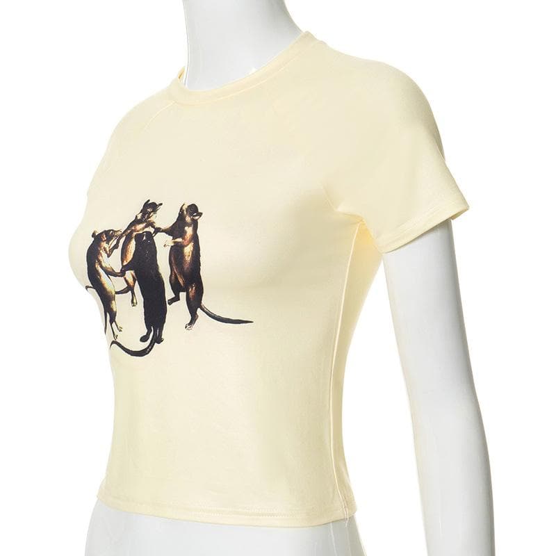 Whimsical Dancing Rats Graphic Crop Top - Unique Fall Fashion for Her