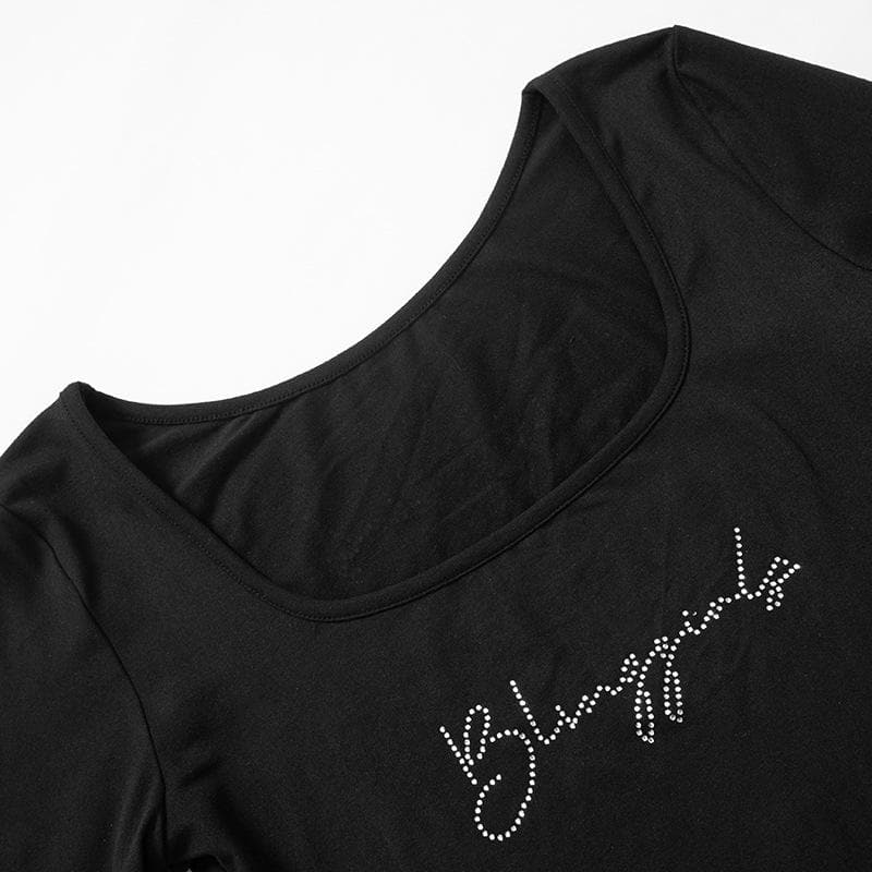 Dazzling Rhinestone Square Neck Long Sleeve Top - Chic Y2K Fall Style