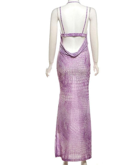 Mystic Allure Halter Maxi Dress | Lavender Croc Print Cut-Out for Fall Parties