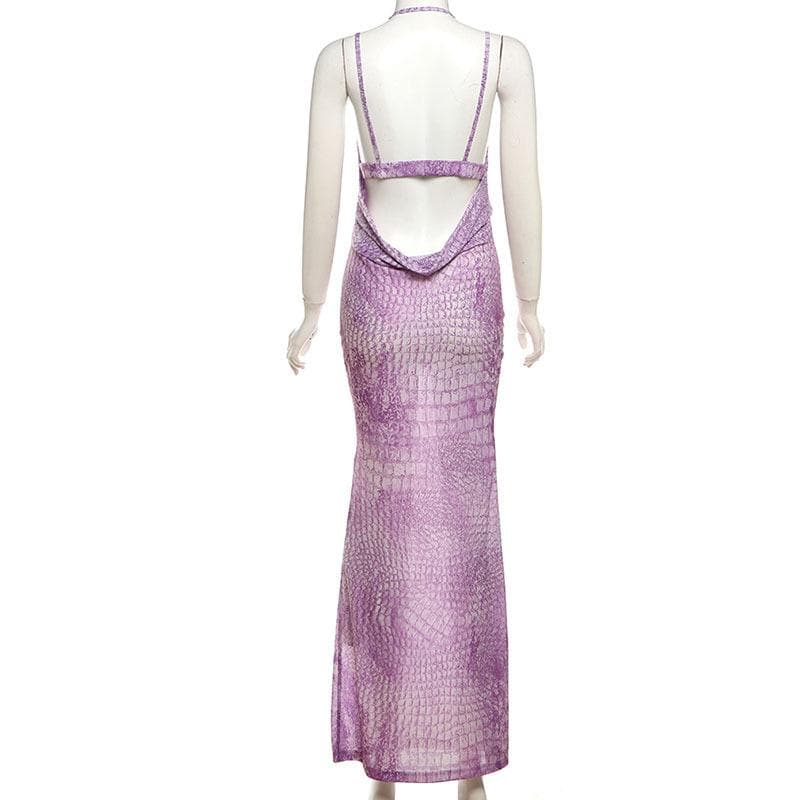 Mystic Allure Halter Maxi Dress | Lavender Croc Print Cut-Out for Fall Parties