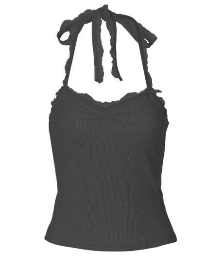 Sky Blue Ribbed Halter Top | Sweet Lace Trim & Adjustable Tie-Neck for Women