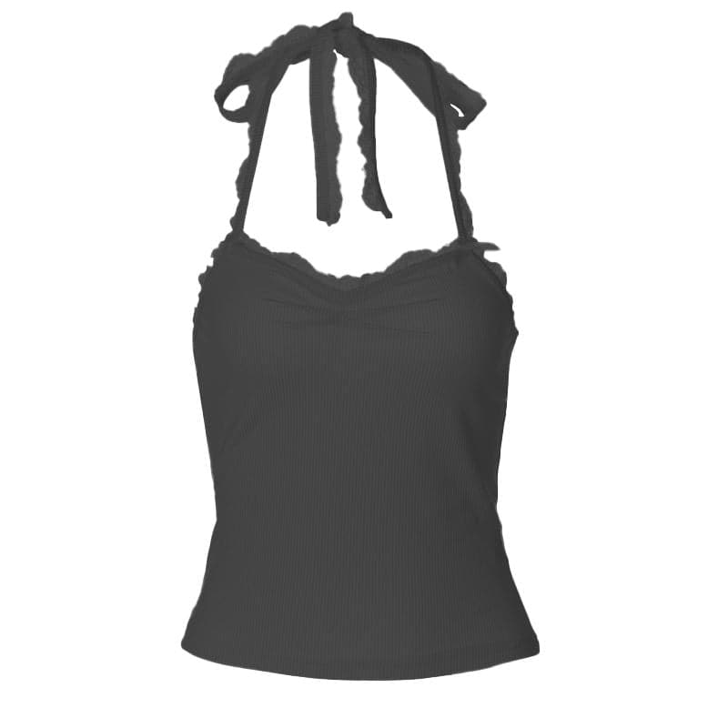 Sky Blue Ribbed Halter Top | Sweet Lace Trim & Adjustable Tie-Neck for Women