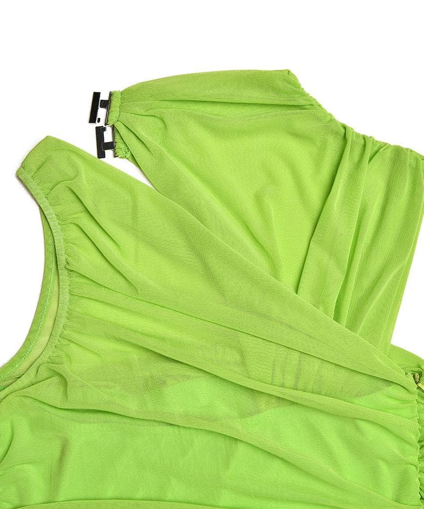 Electric Lime Ruched Mini Dress | Mesh Cutout Bodycon for Fall Parties