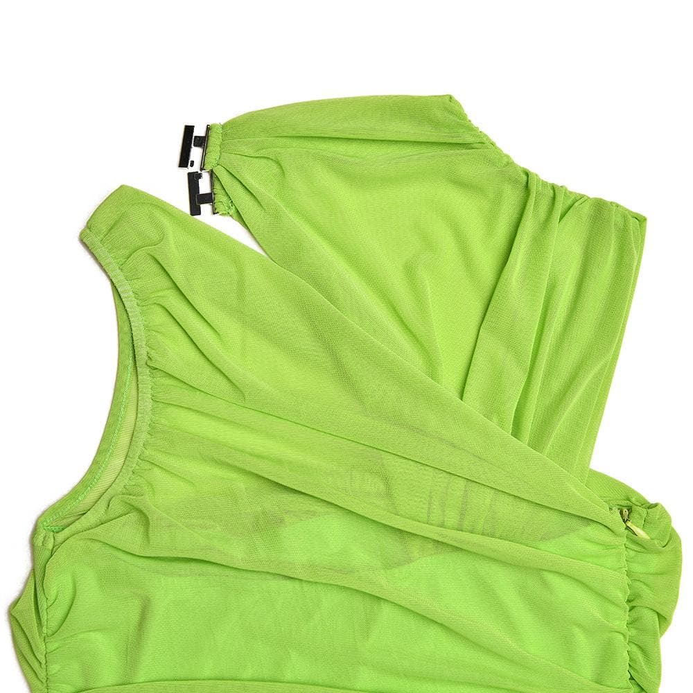 Electric Lime Ruched Mini Dress | Mesh Cutout Bodycon for Fall Parties